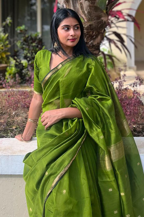 VastraLakshmi Enamoring Green Cotton Silk Saree With Snappy Blouse Piece