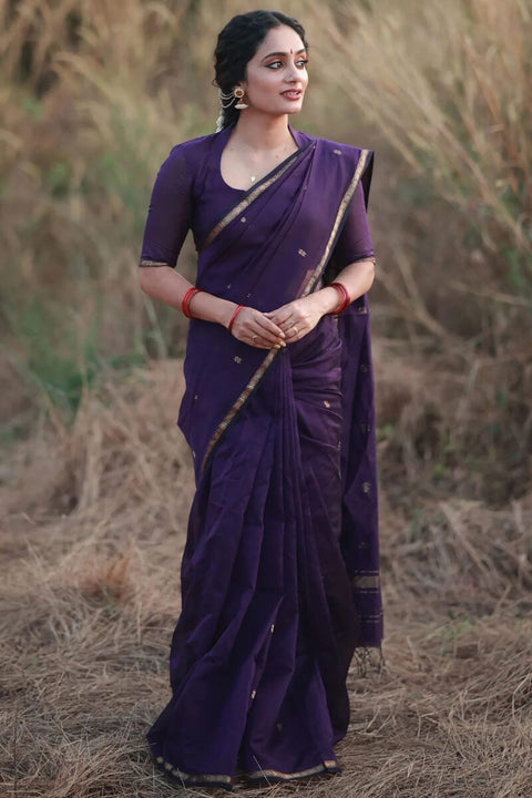 VastraLakshmi Pleasurable Purple Cotton Silk Saree With Imaginative Blouse Piece