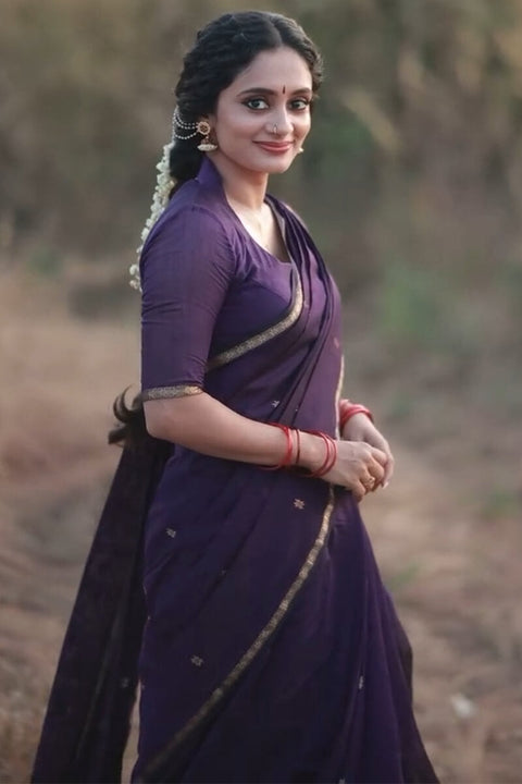 VastraLakshmi Pleasurable Purple Cotton Silk Saree With Imaginative Blouse Piece