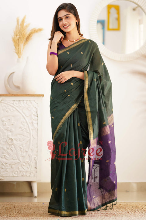 VastraLakshmi Super Extravagant Green Cotton Silk Saree With Stunner Blouse Piece