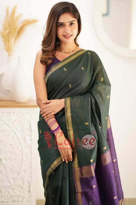 VastraLakshmi Super Extravagant Green Cotton Silk Saree With Stunner Blouse Piece