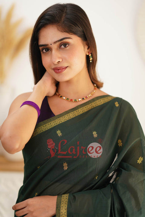 VastraLakshmi Super Extravagant Green Cotton Silk Saree With Stunner Blouse Piece