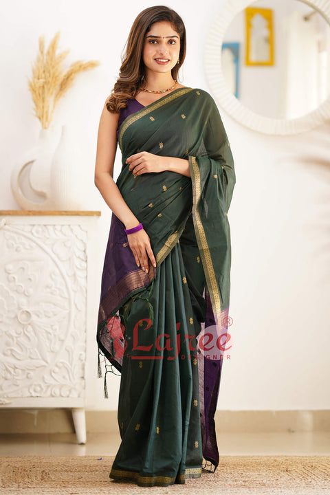 VastraLakshmi Super Extravagant Green Cotton Silk Saree With Stunner Blouse Piece