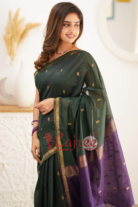 VastraLakshmi Super Extravagant Green Cotton Silk Saree With Stunner Blouse Piece