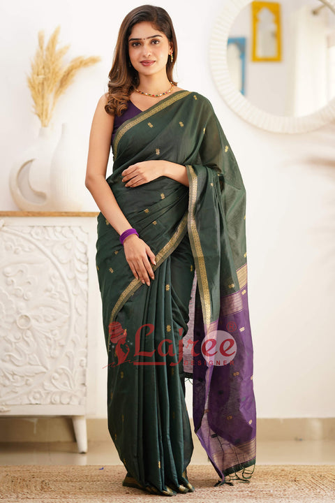 VastraLakshmi Super Extravagant Green Cotton Silk Saree With Stunner Blouse Piece