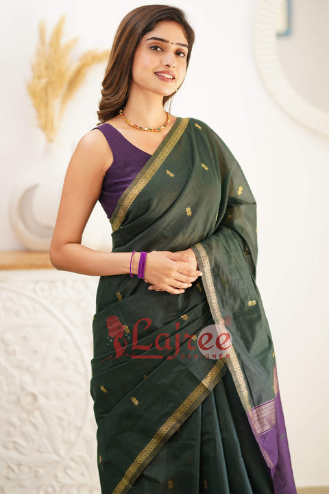 VastraLakshmi Super Extravagant Green Cotton Silk Saree With Stunner Blouse Piece