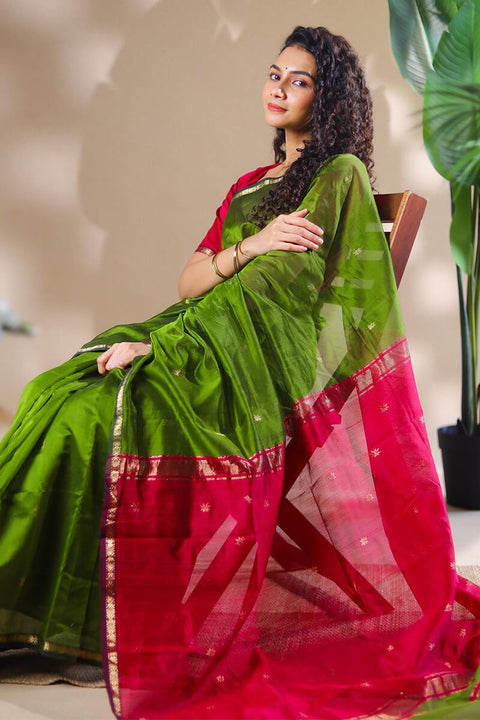 VastraLakshmi Opulent Green Cotton Silk Saree With Demanding Blouse Piece