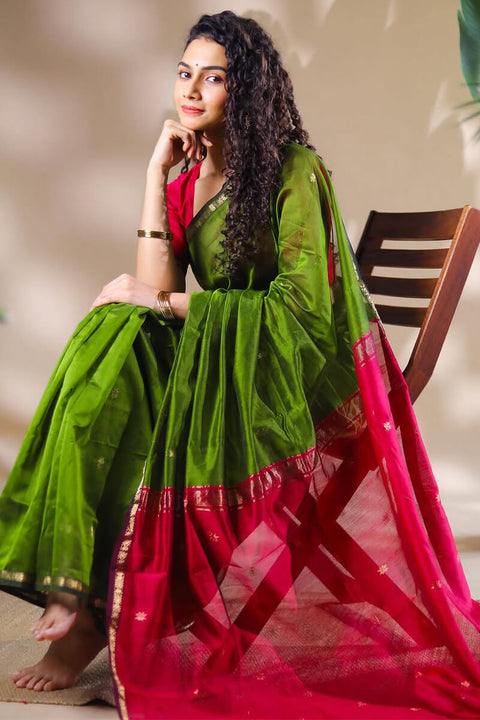 VastraLakshmi Opulent Green Cotton Silk Saree With Demanding Blouse Piece