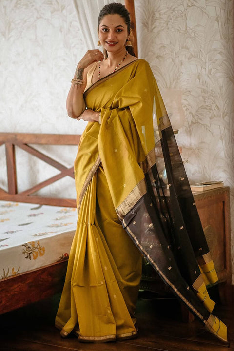 VastraLakshmi Gleaming Mustard Cotton Silk Saree With Classy Blouse Piece