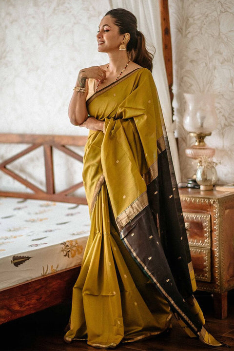 VastraLakshmi Gleaming Mustard Cotton Silk Saree With Classy Blouse Piece