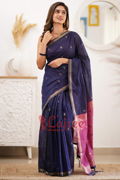 VastraLakshmi Sizzling Navy Blue Cotton Silk Saree With Mesmerising Blouse Piece