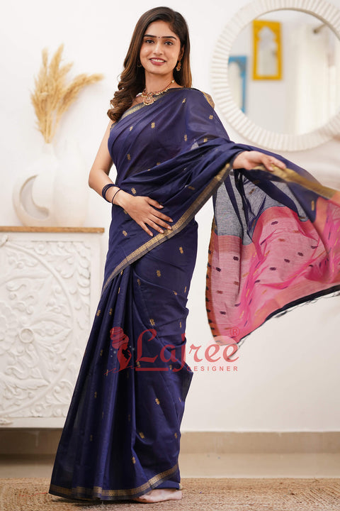 VastraLakshmi Sizzling Navy Blue Cotton Silk Saree With Mesmerising Blouse Piece