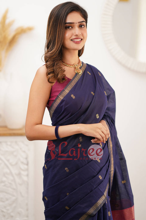 VastraLakshmi Sizzling Navy Blue Cotton Silk Saree With Mesmerising Blouse Piece