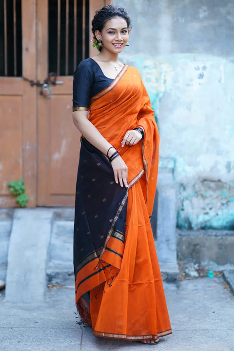 VastraLakshmi Enigmatic Orange Cotton Silk Saree With Panache Blouse Piece