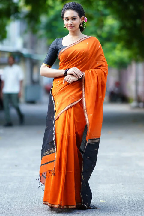 VastraLakshmi Enigmatic Orange Cotton Silk Saree With Panache Blouse Piece