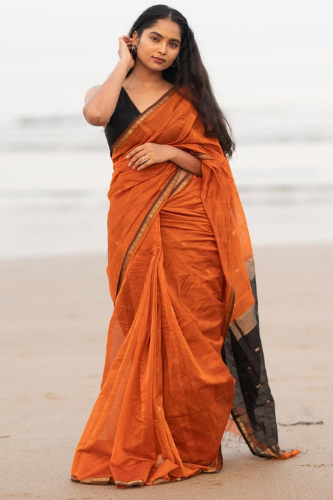 VastraLakshmi Unique Orange Cotton Silk Saree With Energetic Blouse Piece