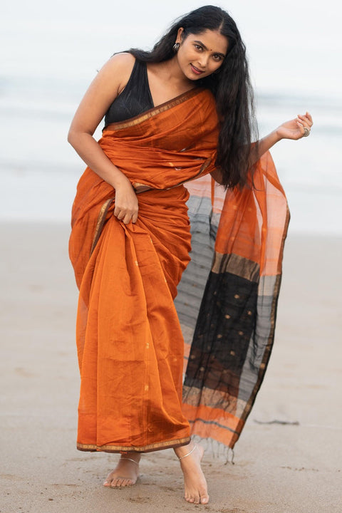 VastraLakshmi Unique Orange Cotton Silk Saree With Energetic Blouse Piece