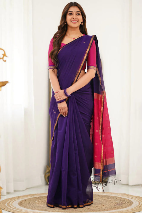 VastraLakshmi Ethereal Purple Cotton Silk Saree With Quixotic Blouse Piece