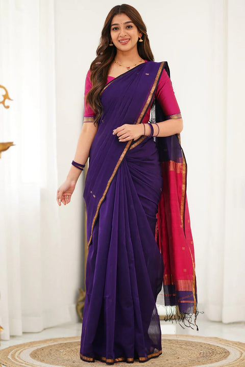 VastraLakshmi Ethereal Purple Cotton Silk Saree With Quixotic Blouse Piece