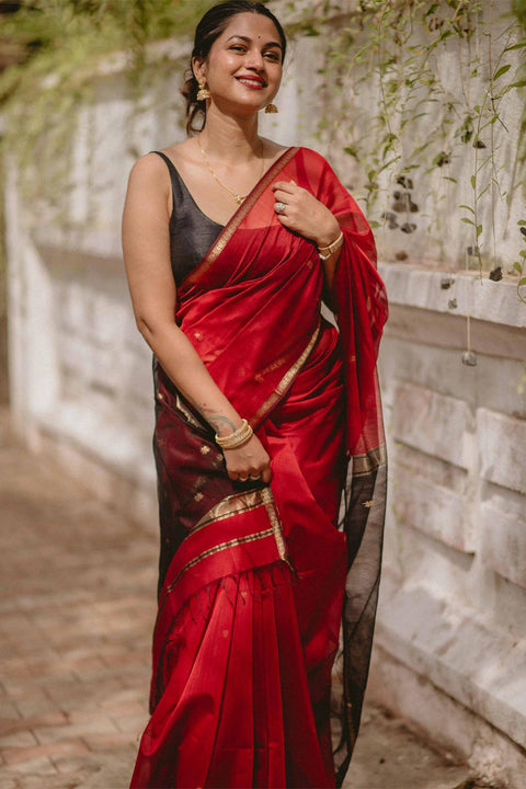 VastraLakshmi Efflorescence Red Cotton Silk Saree With Lagniappe Blouse Piece