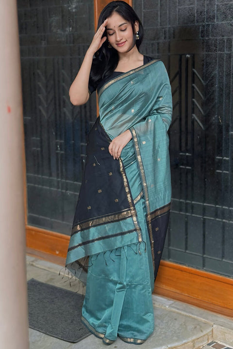 VastraLakshmi Classy Sea Green Cotton Silk Saree With Gratifying  Blouse Piece