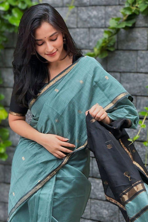 VastraLakshmi Classy Sea Green Cotton Silk Saree With Gratifying  Blouse Piece