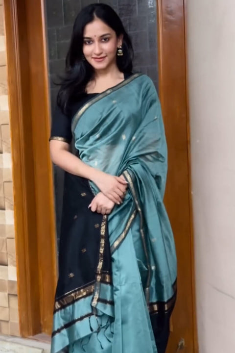 VastraLakshmi Classy Sea Green Cotton Silk Saree With Gratifying  Blouse Piece