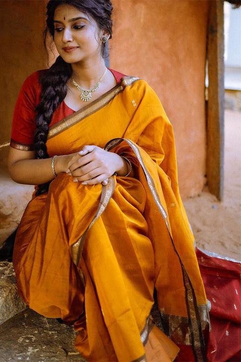 VastraLakshmi Serendipity Yellow Cotton Silk Saree With Enchanting Blouse Piece