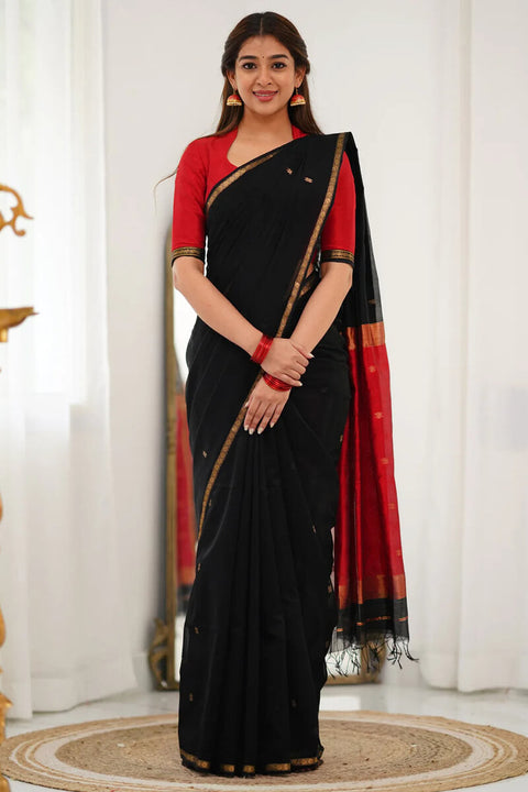 VastraLakshmi Embellished Black Cotton Silk Saree With Ethereal Blouse Piece