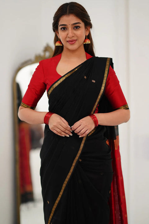 VastraLakshmi Embellished Black Cotton Silk Saree With Ethereal Blouse Piece