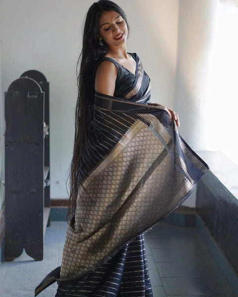 VastraLakshmi Engrossing Black Soft Banarasi Silk Saree With Flattering Blouse Piece