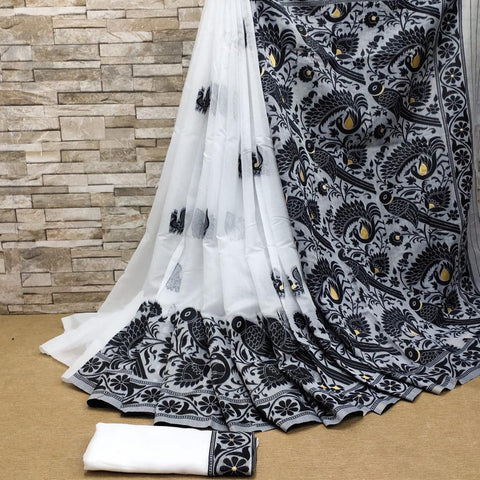 VastraLakshmi A dreamy White Cotton Silk Saree With Comely Blouse Piece