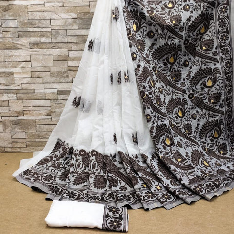 VastraLakshmi Beauteous White Cotton Silk Saree With Chatoyant Blouse Piece