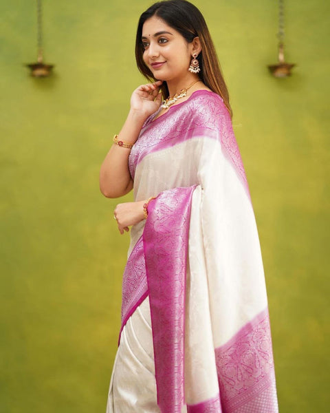 VastraLakshmi Serendipity White Soft Silk Saree With Engaging Blouse Piece