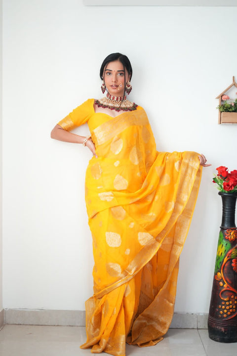 VastraLakshmi Classy 1-Minute Ready To Wear Yellow Cotton Silk Saree