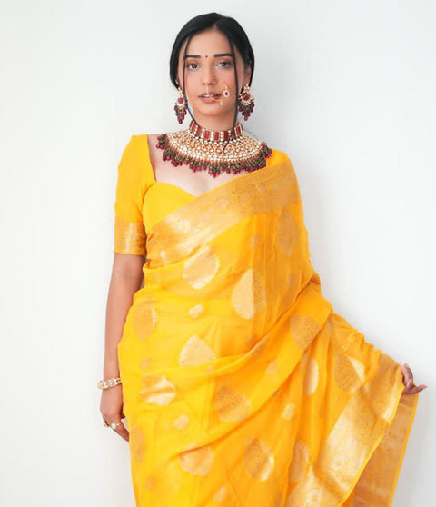 VastraLakshmi Classy 1-Minute Ready To Wear Yellow Cotton Silk Saree