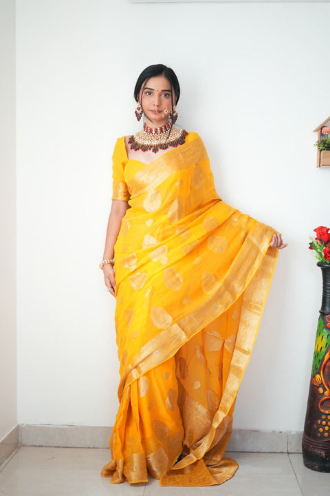 VastraLakshmi Classy 1-Minute Ready To Wear Yellow Cotton Silk Saree