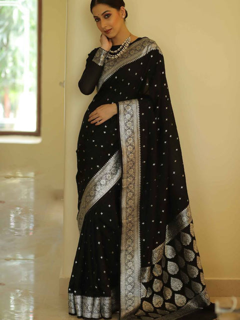 VastraLakshmi Precious Black Cotton Silk Saree With Sizzling Blouse Piece