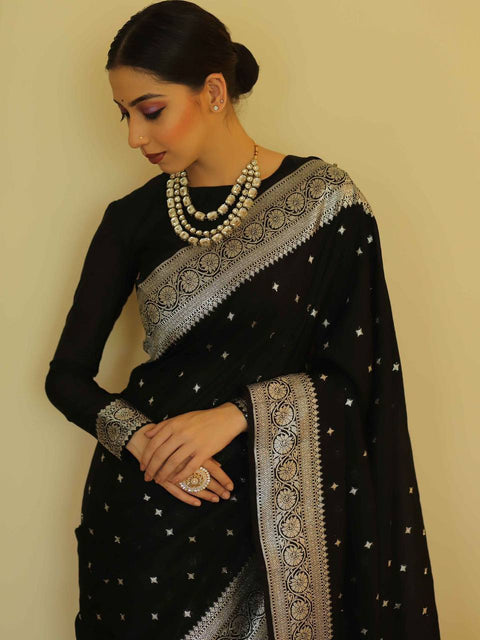 VastraLakshmi Precious Black Cotton Silk Saree With Sizzling Blouse Piece