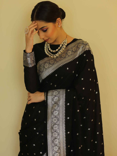 VastraLakshmi Precious Black Cotton Silk Saree With Sizzling Blouse Piece