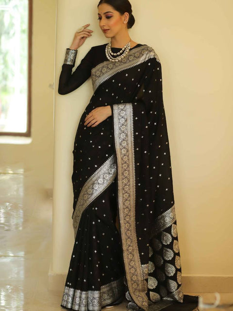 VastraLakshmi Precious Black Cotton Silk Saree With Sizzling Blouse Piece