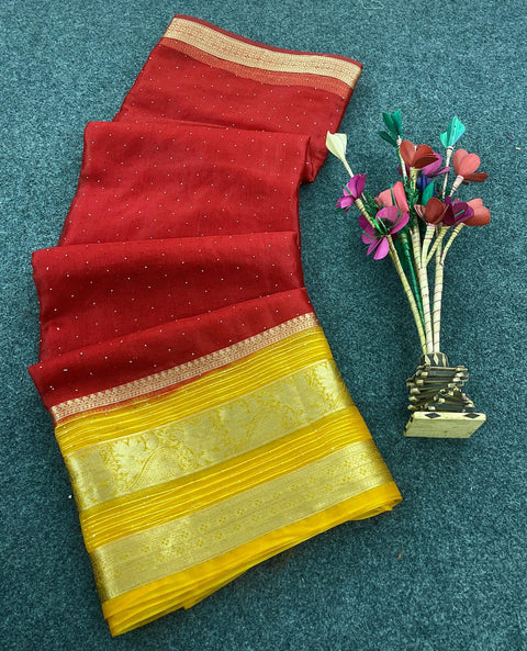 VastraLakshmi Exuberant Red Organza Silk Saree With Exemplary Blouse Piece