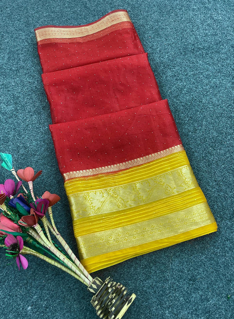 VastraLakshmi Exuberant Red Organza Silk Saree With Exemplary Blouse Piece