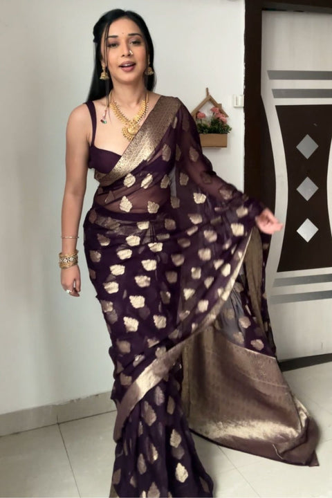 VastraLakshmi Whimsical 1-Minute Ready To Wear Dark Purple Cotton Silk Saree