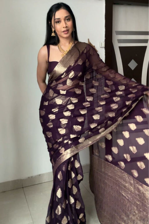 VastraLakshmi Whimsical 1-Minute Ready To Wear Dark Purple Cotton Silk Saree