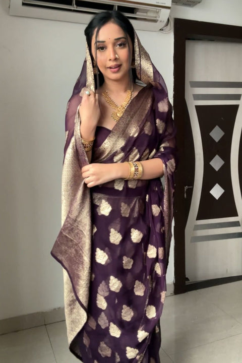 VastraLakshmi Whimsical 1-Minute Ready To Wear Dark Purple Cotton Silk Saree