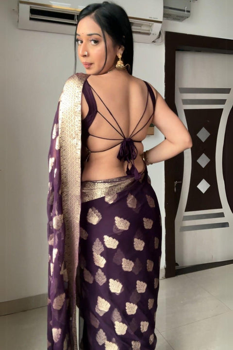 VastraLakshmi Whimsical 1-Minute Ready To Wear Dark Purple Cotton Silk Saree