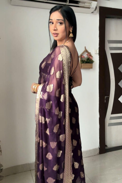 VastraLakshmi Whimsical 1-Minute Ready To Wear Dark Purple Cotton Silk Saree