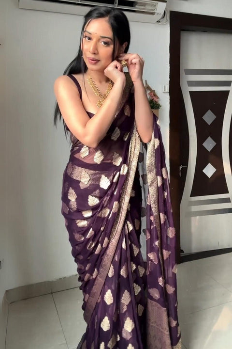 VastraLakshmi Whimsical 1-Minute Ready To Wear Dark Purple Cotton Silk Saree