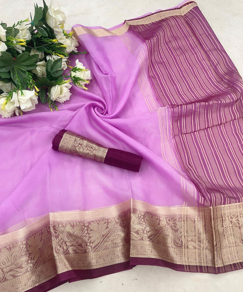 VastraLakshmi Ravishing Lavender Orgenza  Silk Saree With Intricate Blouse Piece